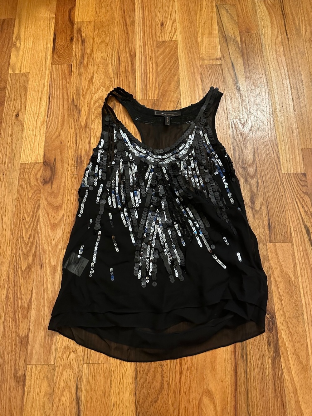 BCBGMAXAZRIA XS Black 100% Silk Sequin Racerback Tank Top Blouse Party